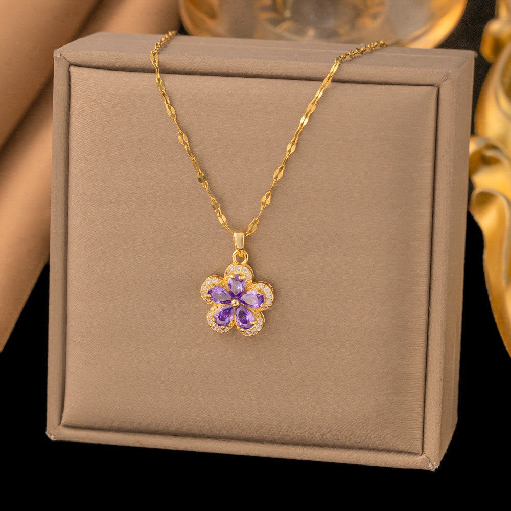 Steel Female Micro Inlaid Pink Diamond Necklace