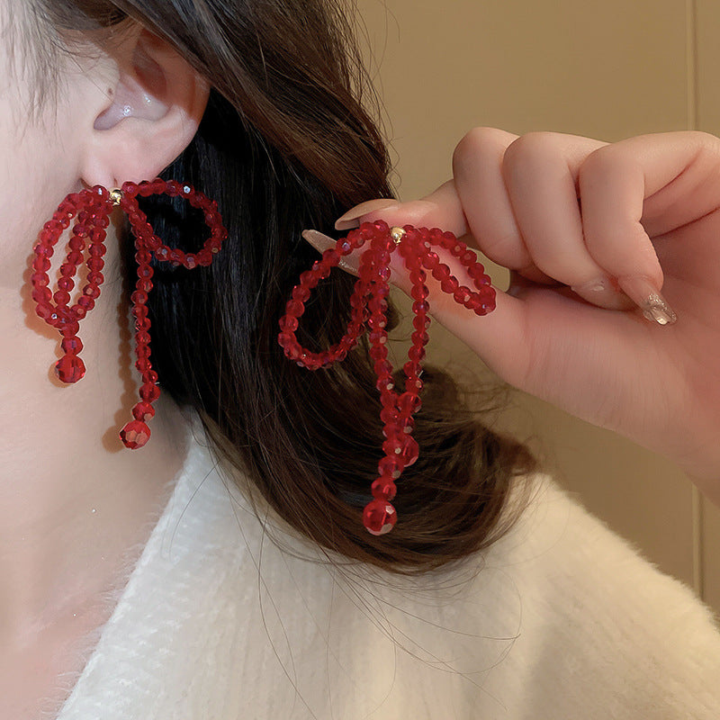 Women's Vintage Red Crystal Bow Tassel Sier Earrings