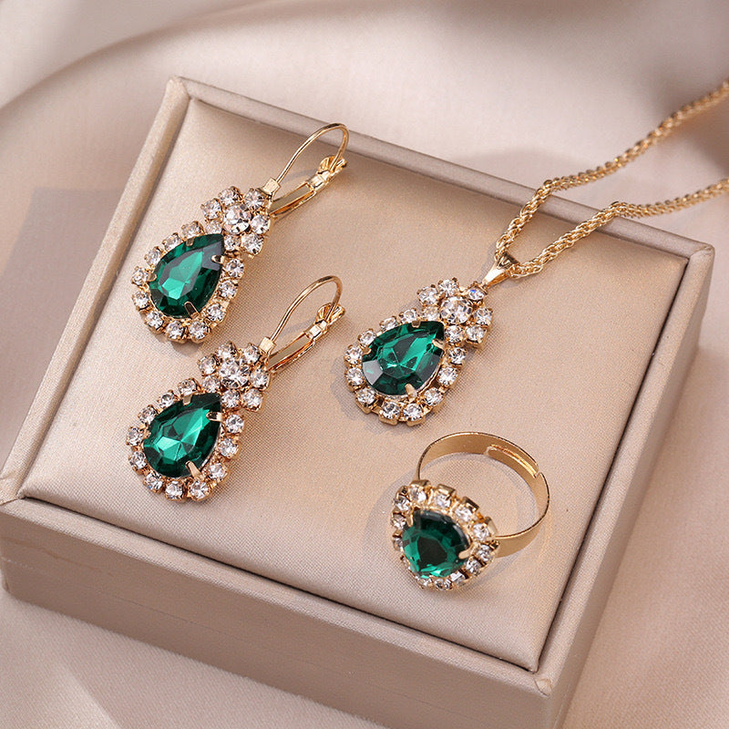 New Water Drop Heart-shaped Three-piece Jeweled Earrings