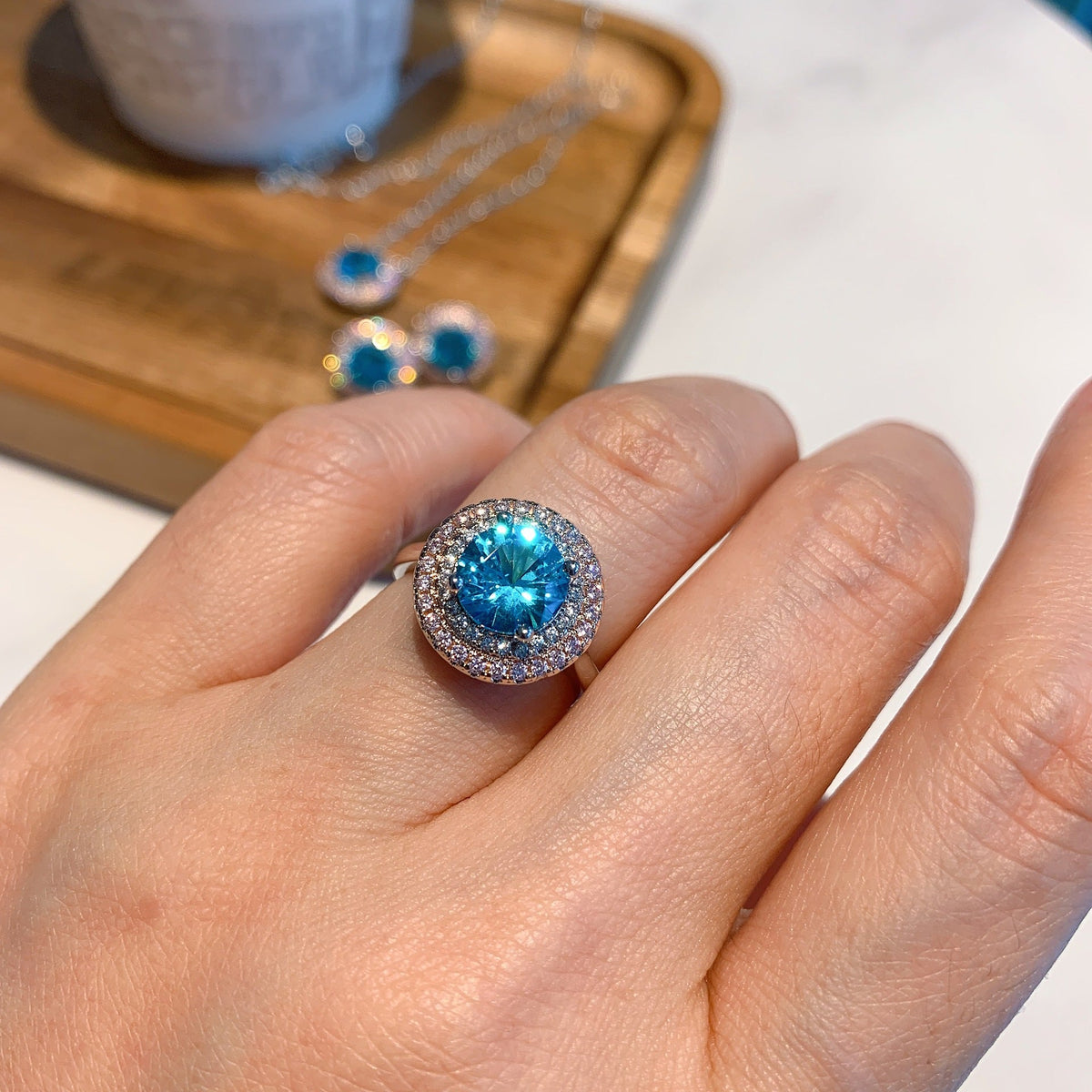Women's Round Simulation Ocean Blue Rhinestone Simple Female Jewelry Set