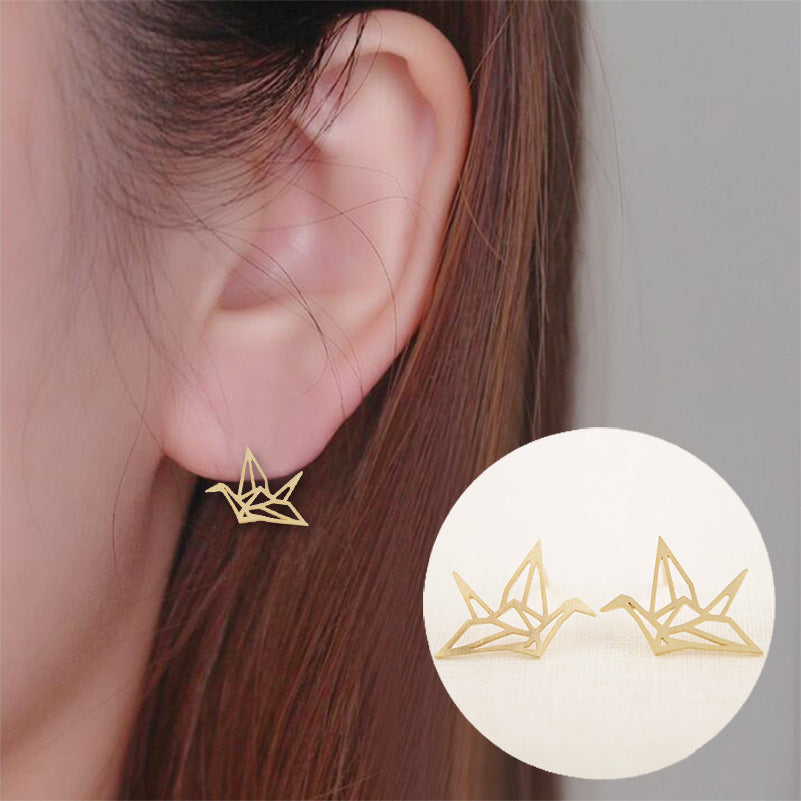 Hollow Bird National Style Small Exquisite Stainless Steel Animal Ear Stud Earrings