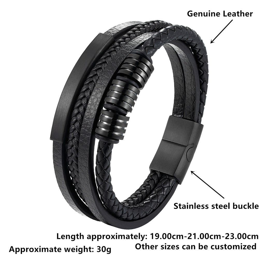 Men's Popular Titanium Steel Authentic Leather Weave Bracelet