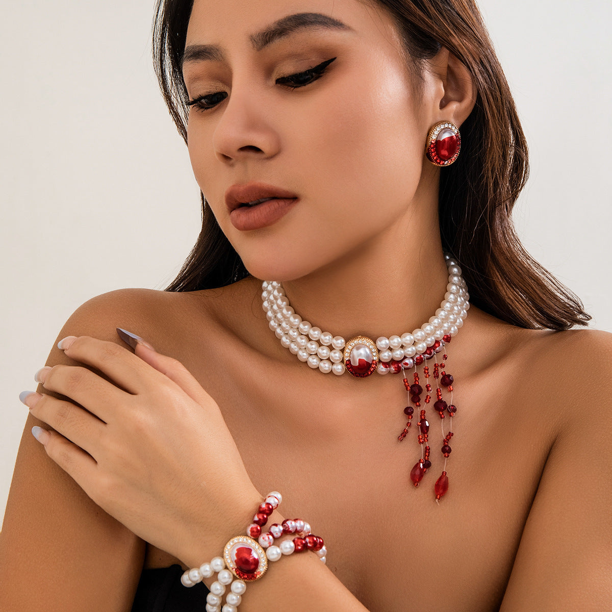 Halloween Imitation Pearl Collar Vintage Gothic Style Blood Drop Necklaces
