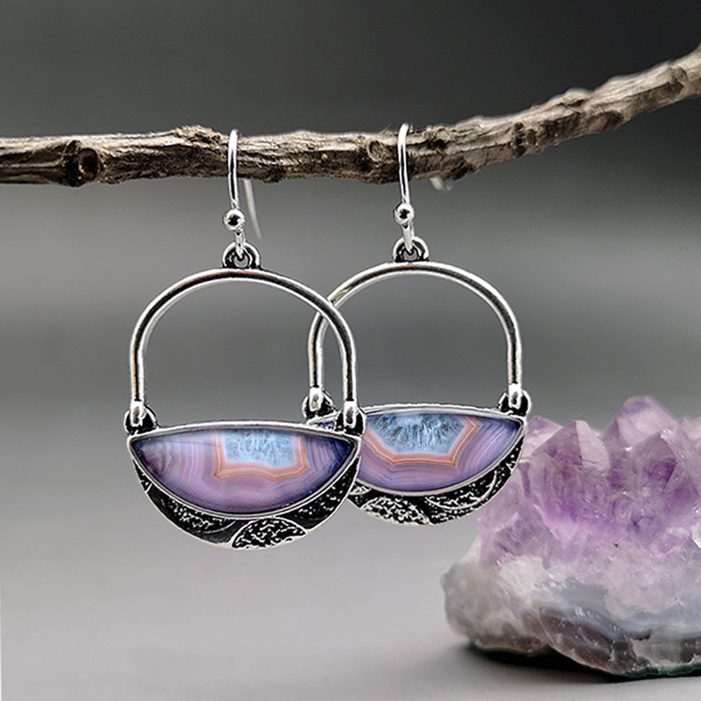 Purple Agate Sier Oxide Vintage Gemstone Earrings
