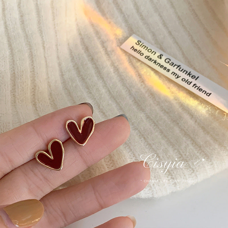 Women's Glazed Love Heart Style Temperamental Minority High-grade Ear Retro Small Rings