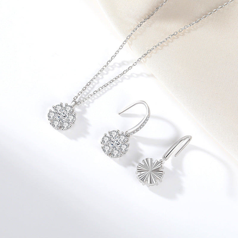 Sier Sunflower Moissanite Ear Hook Eardrop Frame Simple Chain High Jewelry Set