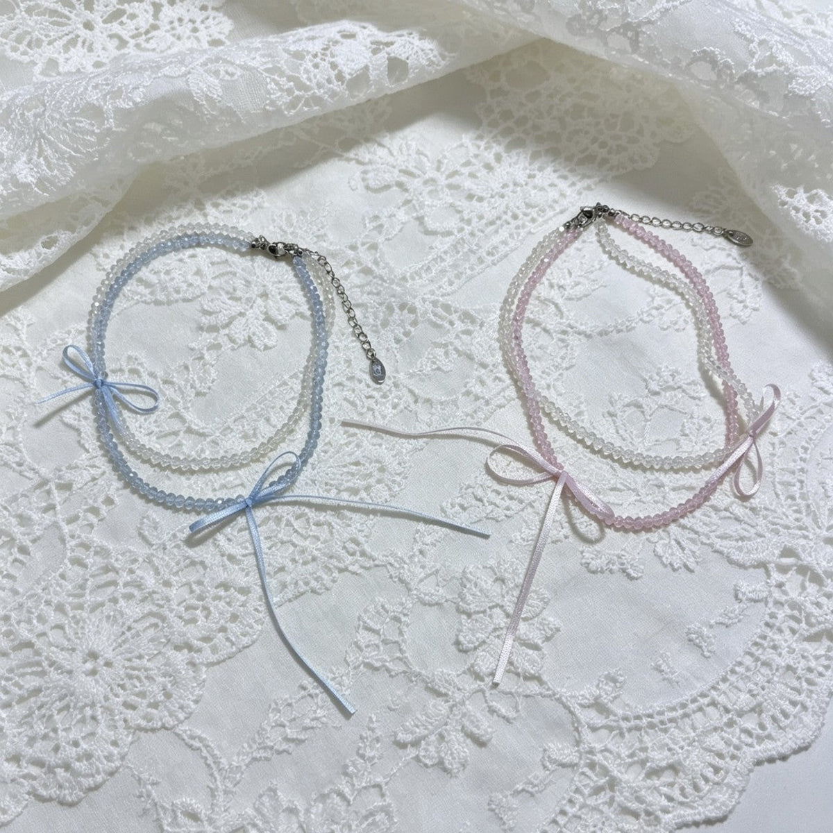 Girly Style Ribbon Bow Gentle Clear Clavicle Chain Beaded Double Necklaces