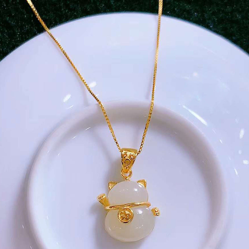 Sier Lucky Cat Natural Jade Cute Girlfriend Gift Light Necklaces