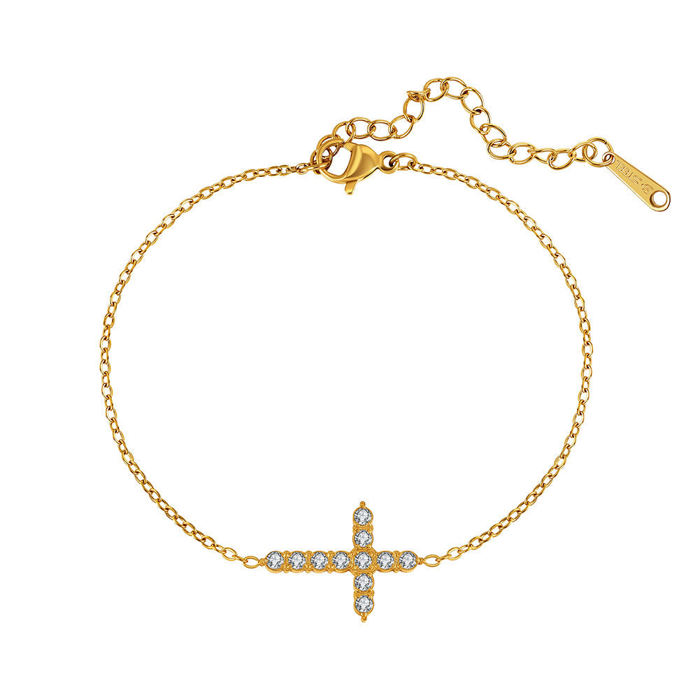 Cross Inlaid Zirconium Stainless Steel Gold Bracelet