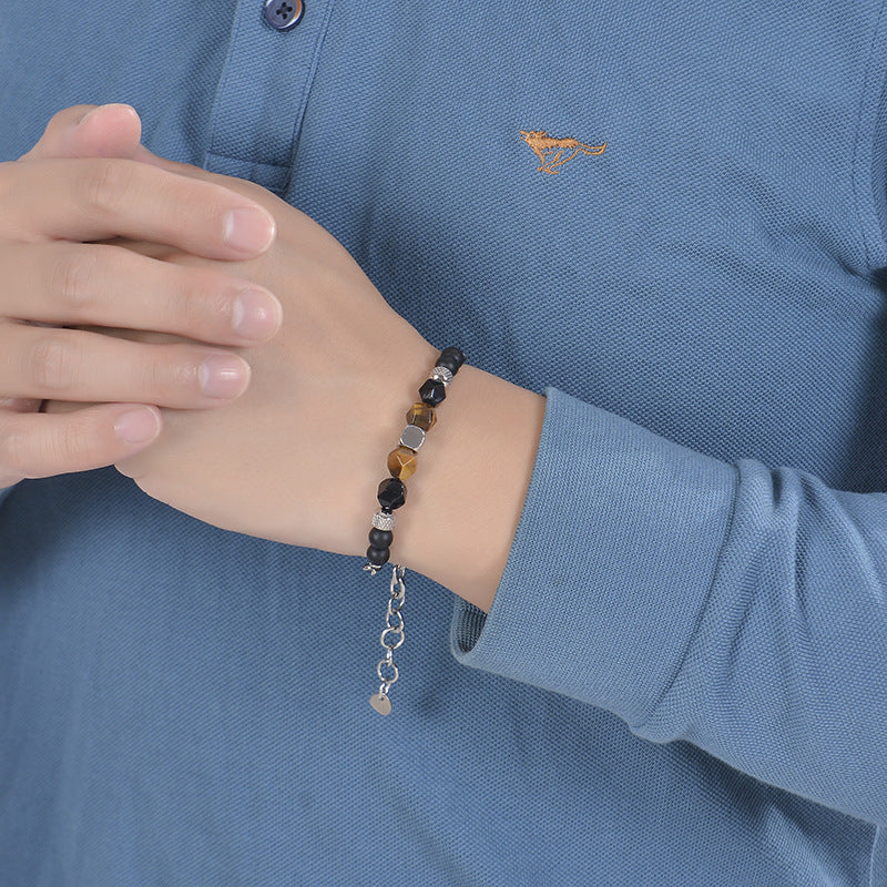Men's Frosted Stone Cut Natural Beaded Stainless Steel Bracelet