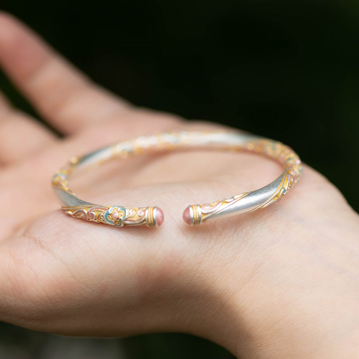 Style Chinese Gold Enamel Four-leaf Flower Solid Auspicious Bracelets