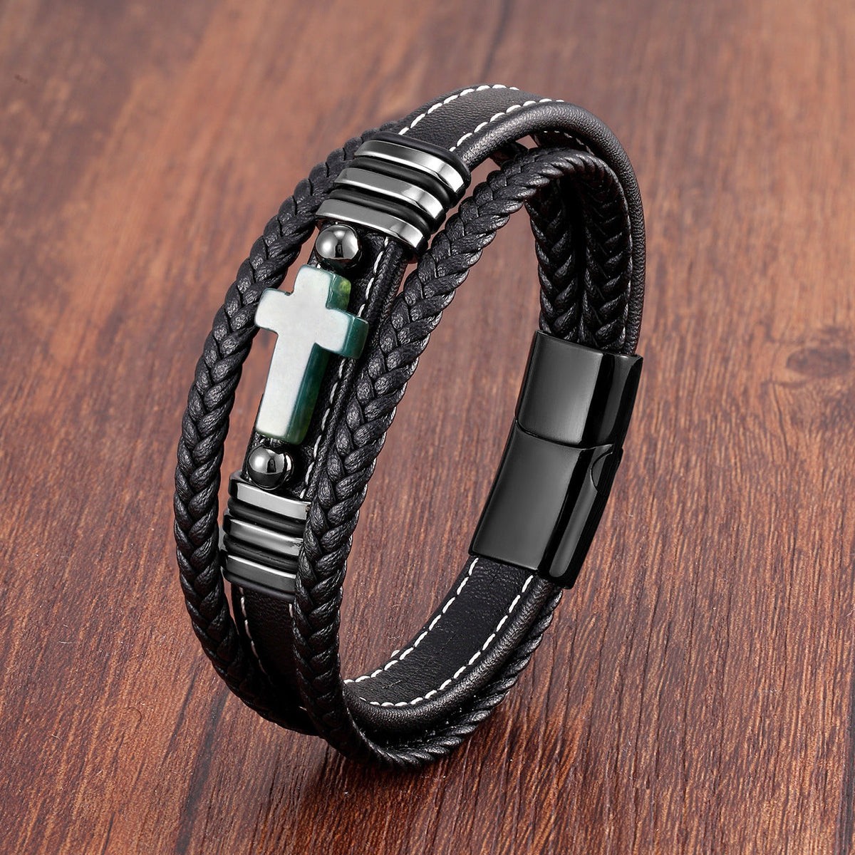 Men's Woven Leather Vintage Stone Cross Stainless Steel Bracelet