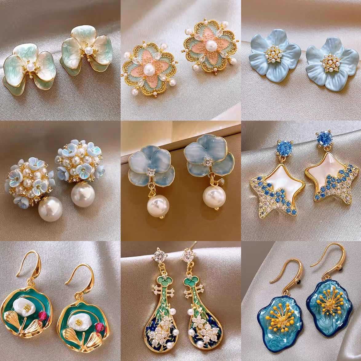 Jardin Monet Blue Glaze Flowers Pipa Pearl Chinese Retro Light Stud Earrings