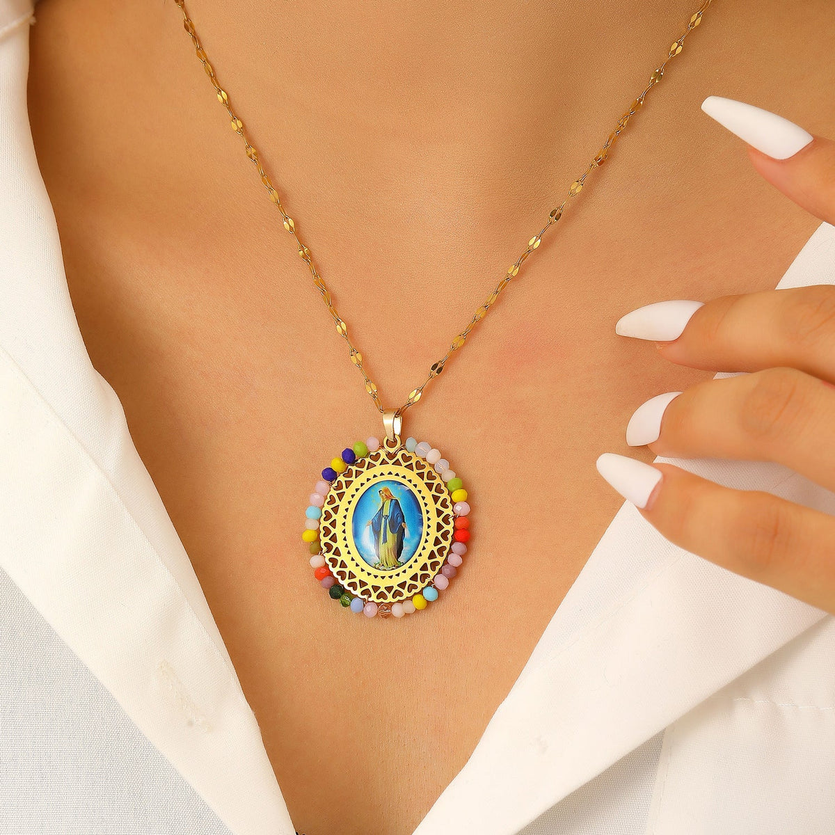 Stainless Steel Color Crystal Virgin Portrait Hollow Oval Necklaces