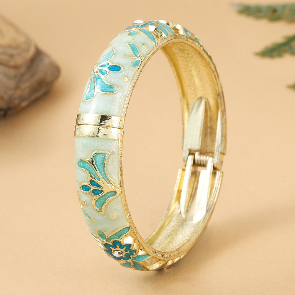 Tourist Souvenir Retro Style Flower Green Leaf Diamond Cloisonne Widened Bracelet