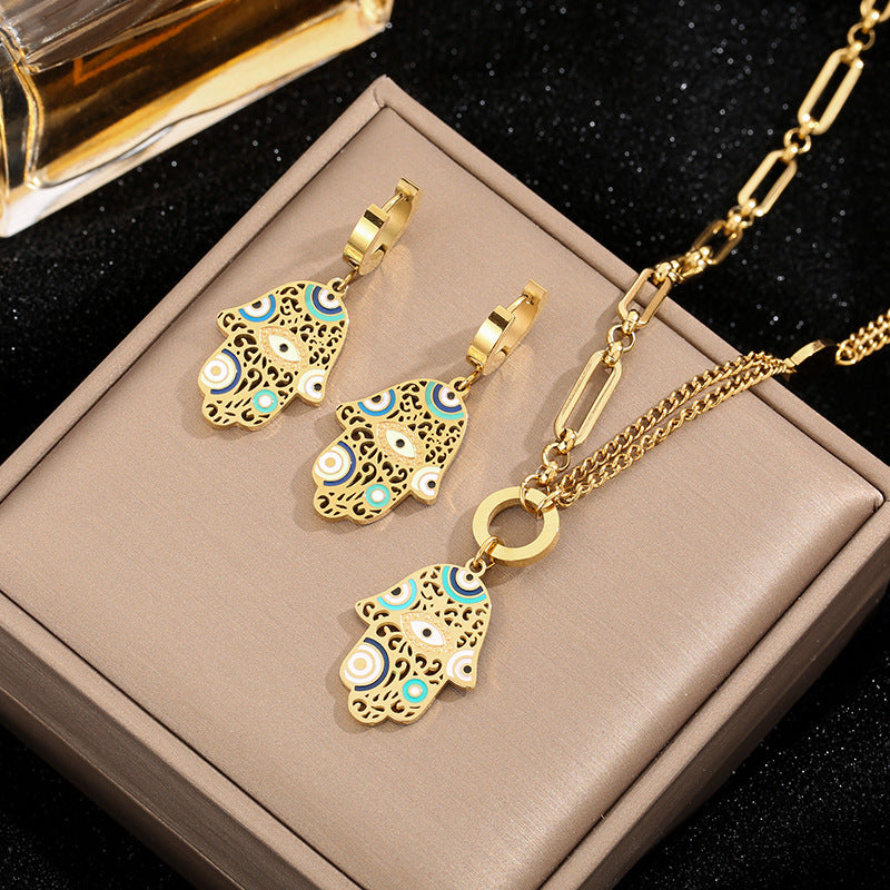 Women's Titanium Steel Leopard Print Oil Dripping Craft Blue Eyes Hollow Jewelry Set