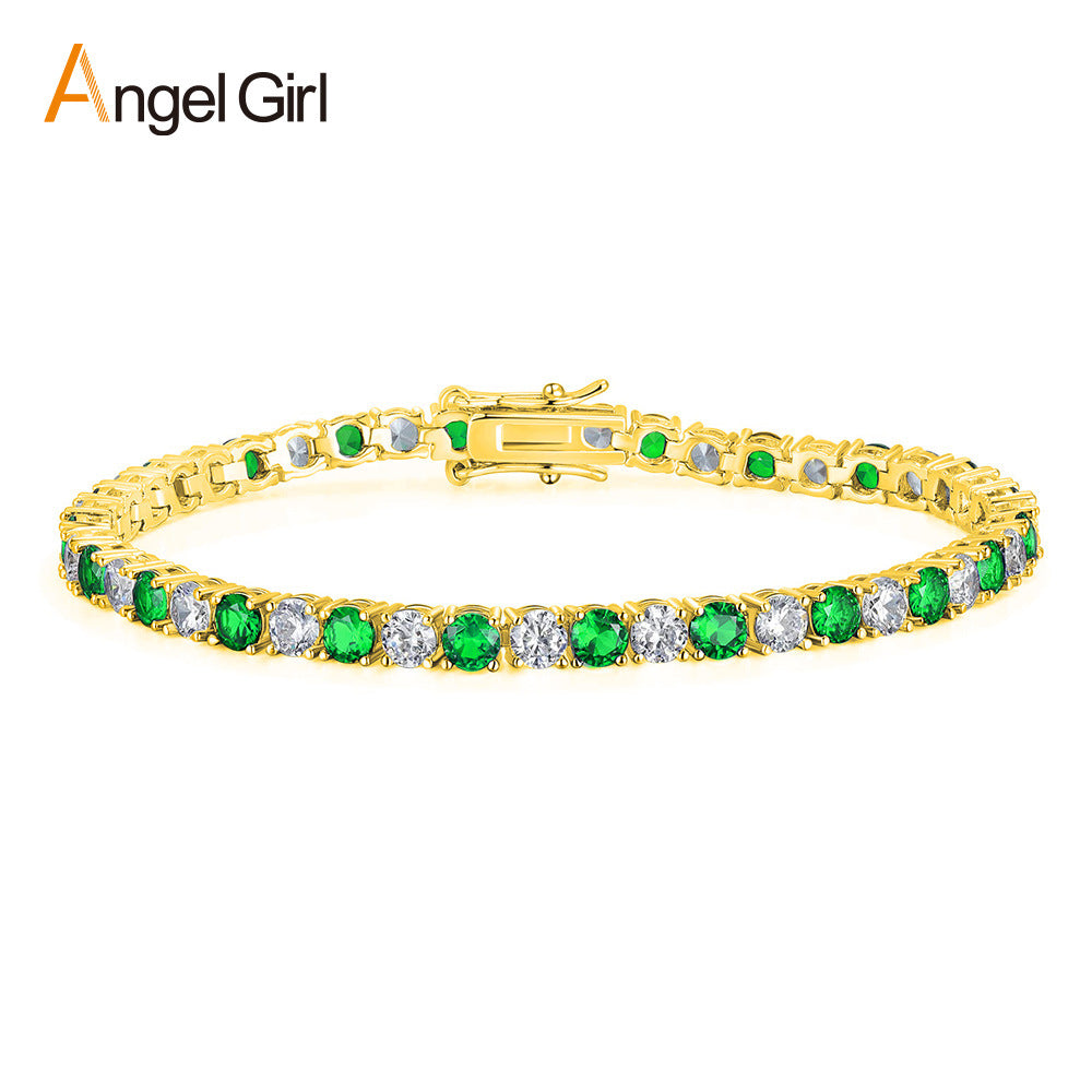 Round Gold Zircon Green Horoscope Buckle Tennis Copper Bracelets