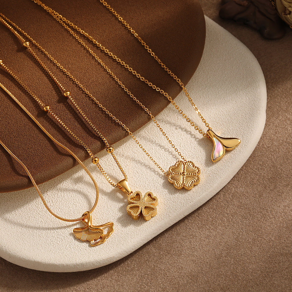 Ginkgo Leaf Four-leaf Clover Keel Chain Titanium Steel Necklace