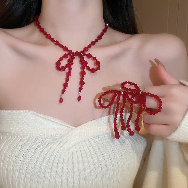 Women's Vintage Red Crystal Bow Tassel Sier Earrings