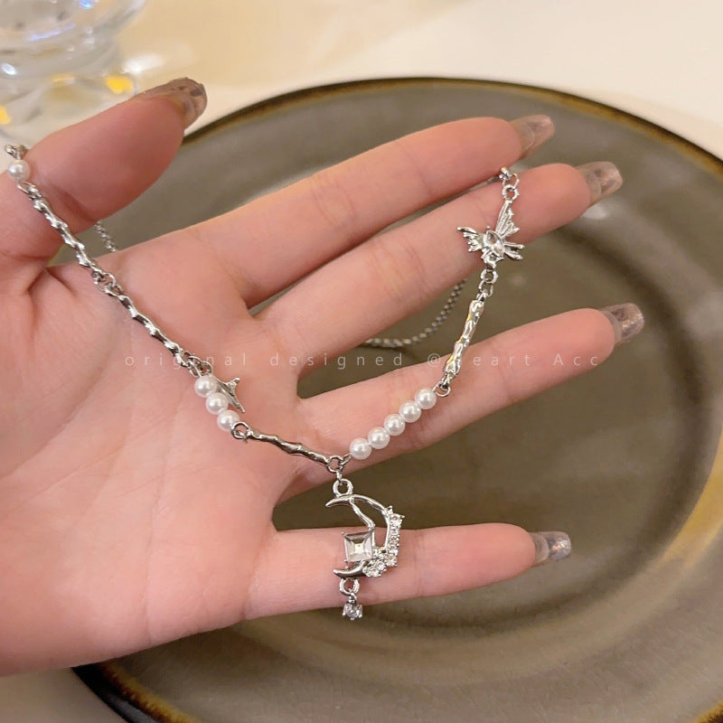 Women's Zircon Pearl Titanium Steel Stitching For Niche Design Clavicle Chain Necklace