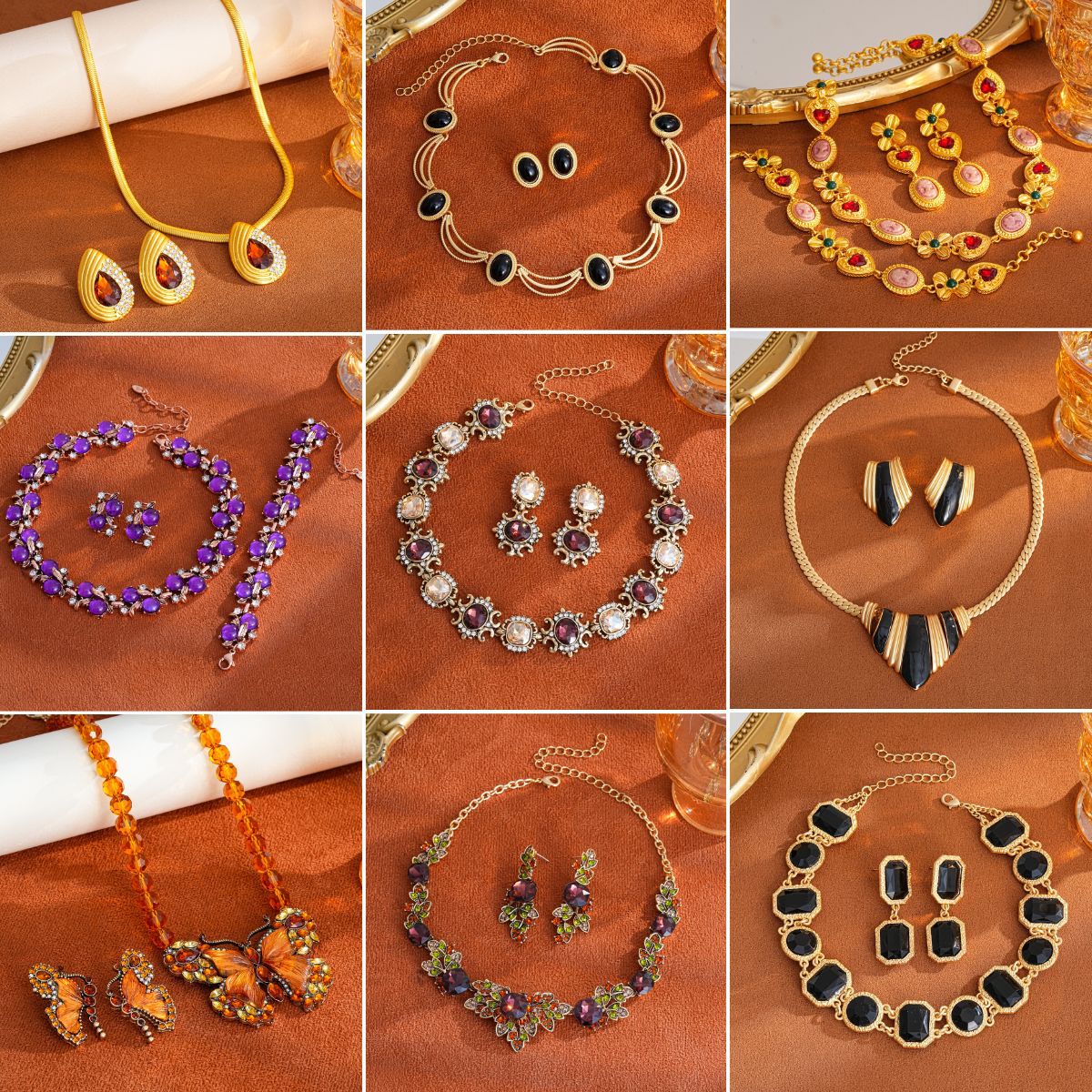 Sier Needle Flower Ear Retro Easy Matching Sweater Chain Exquisite Jewelry Set