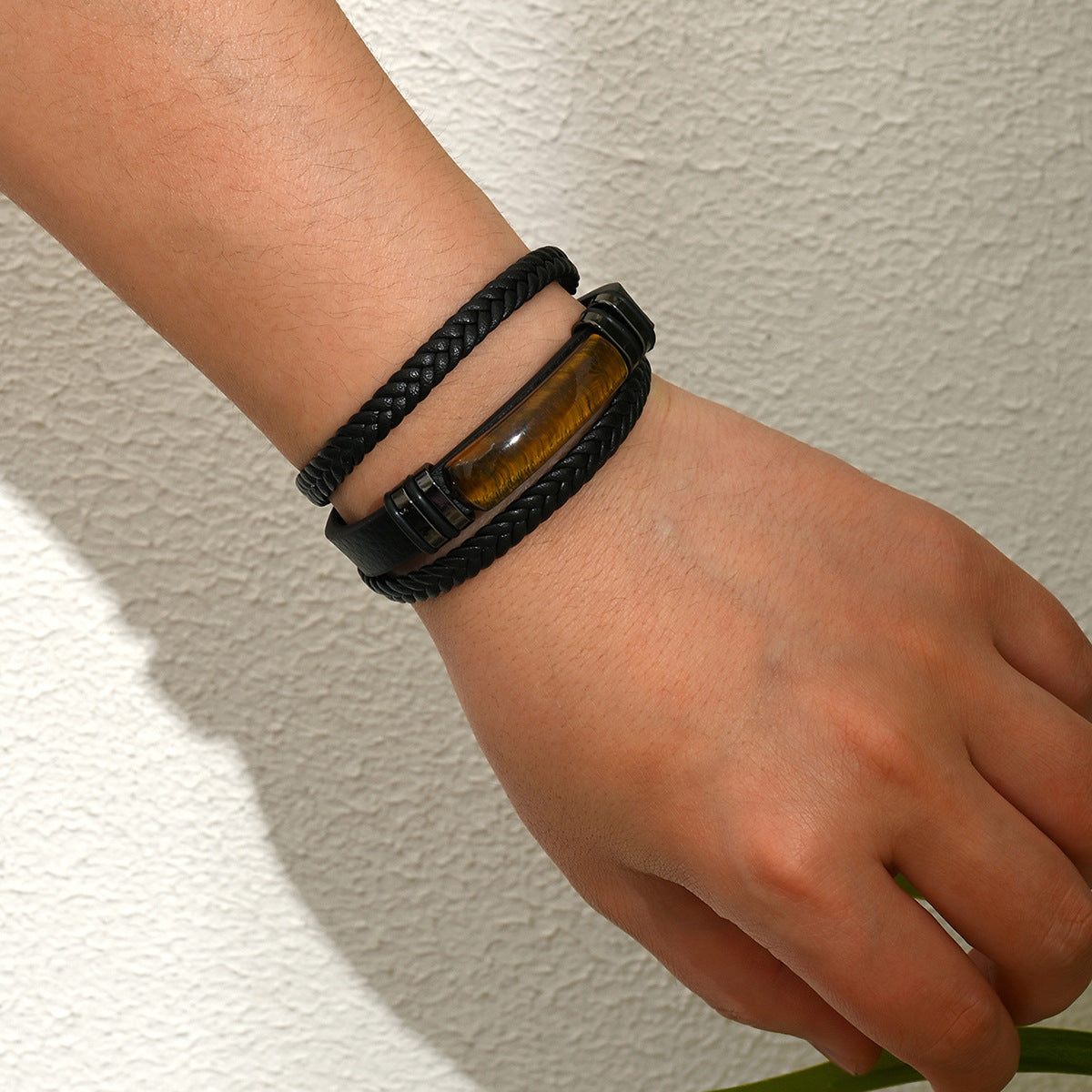Men's Woven Leather Tigereye Obsidian Stitching Simple Bracelets