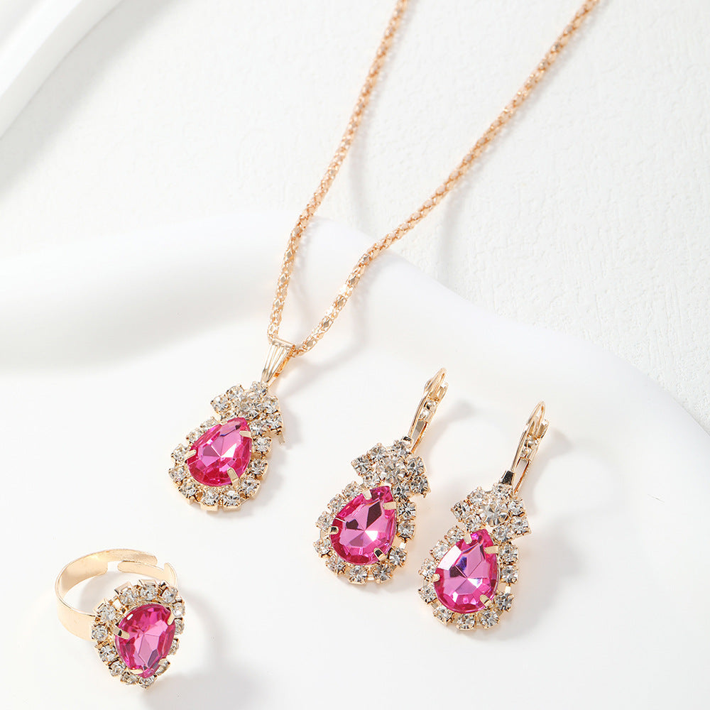 New Water Drop Heart-shaped Three-piece Jeweled Earrings