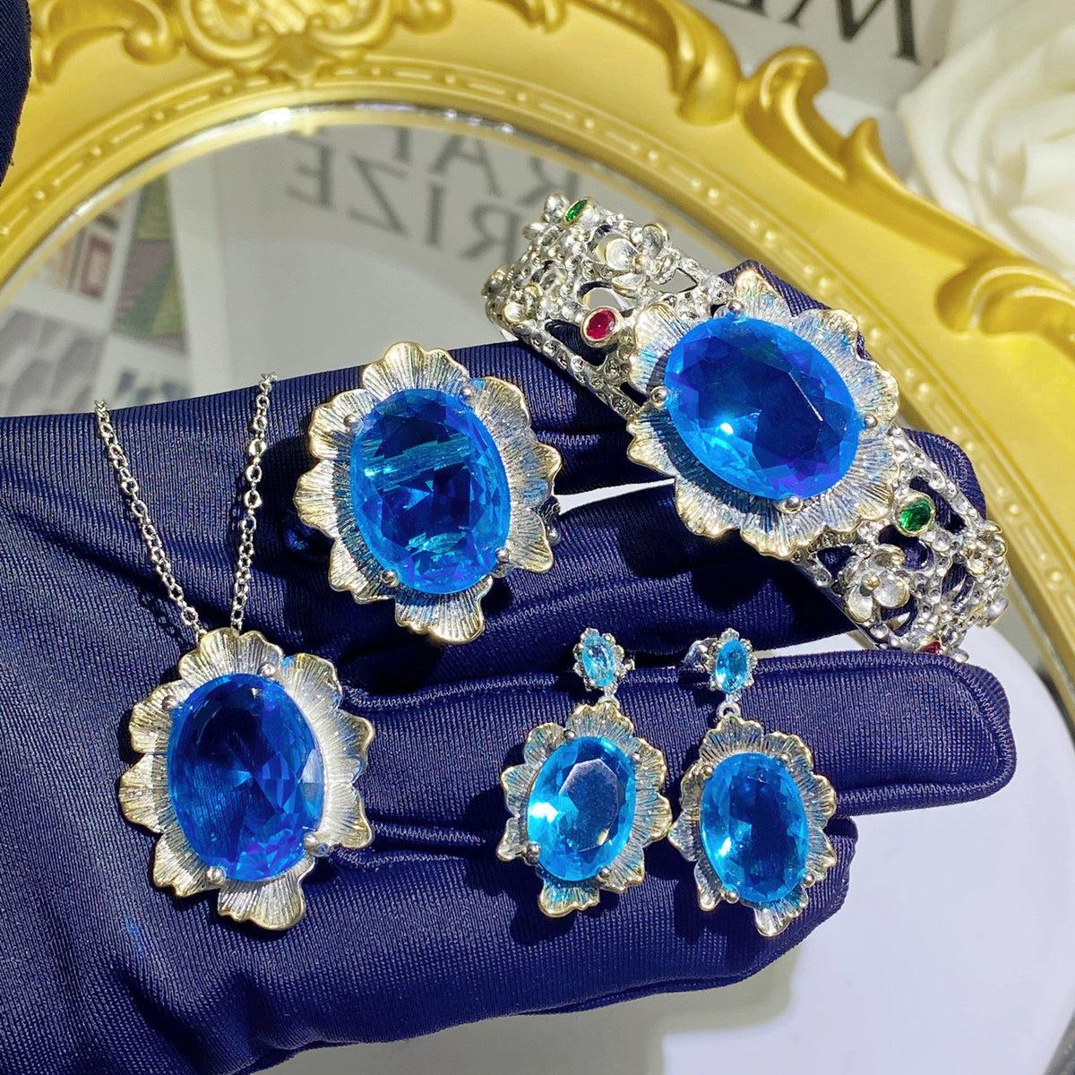 Women's Italian Craft Vintage Lace Blue Diamond Simulation Aquamarine Rings