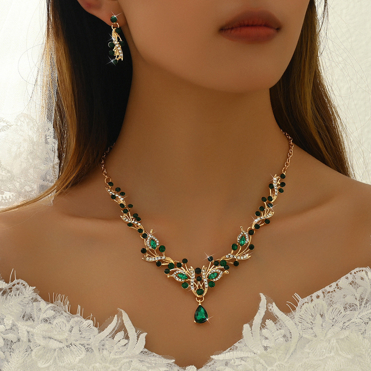 Bridal Wedding Suite Alloy Green Rhinestone Luxury Jewelry Set