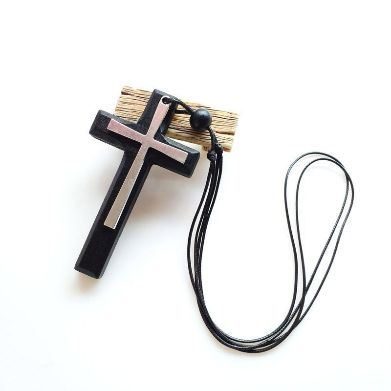 Retro Handmade Double Alloy Wood Cross Boys Long Sweater Chain Pendants