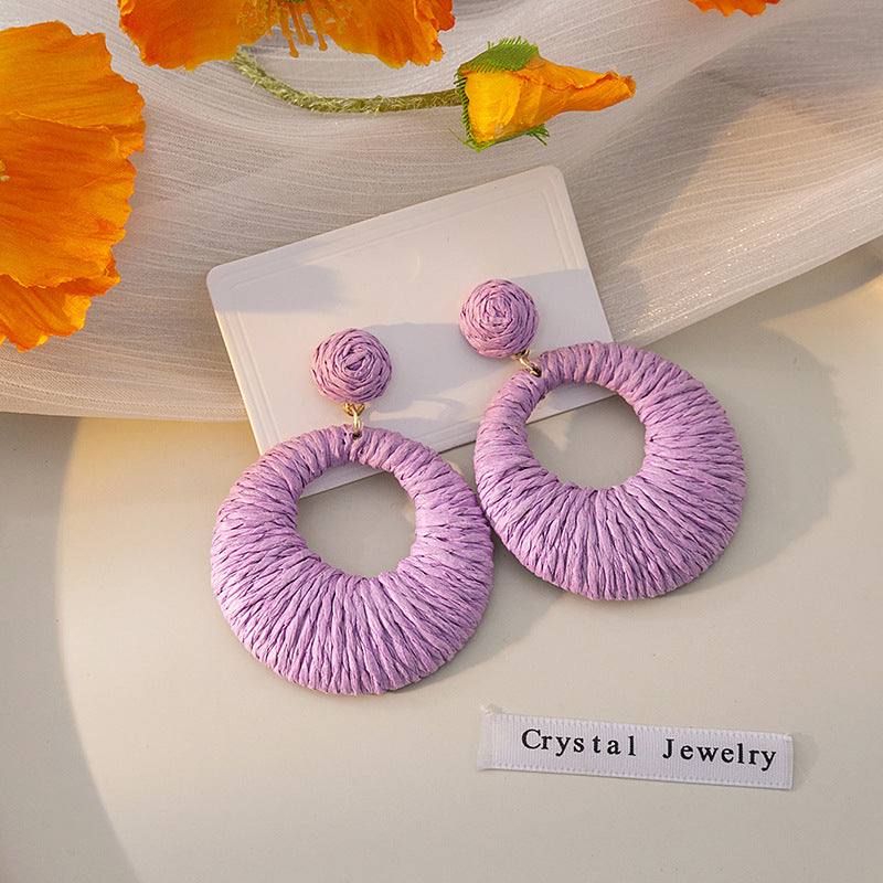 Women's Style Round Colorful Raffia Woven Hollowed Earrings