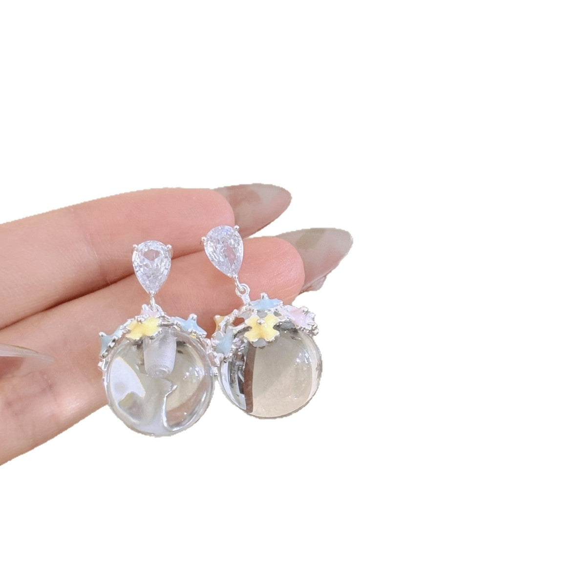 Dews Sweet Wind Flashing Ice Through Ball Bead Graceful Fashionable Stud Earrings