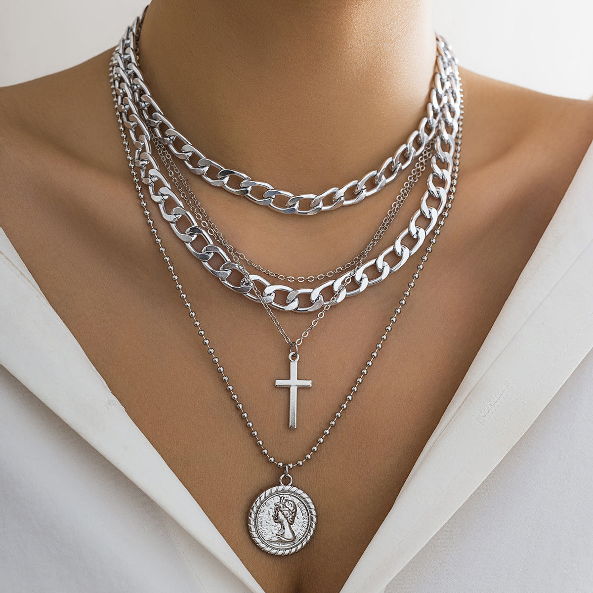 Women's Ornament Vintage Coin Thick Chain Twin Necklaces