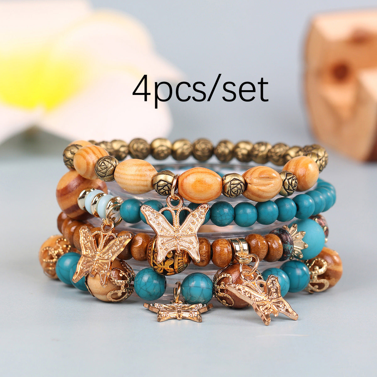 Exquisite Wooden Bead Bohemian Tassel Four Pendants