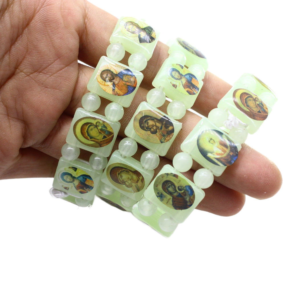 Luminous Fluorescent Green Rosary Unisex Elastic Bracelet