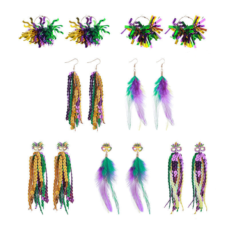Purple Yellow Green Various Materials Ear Tassel Sequins Rhinestone Ball Earrings