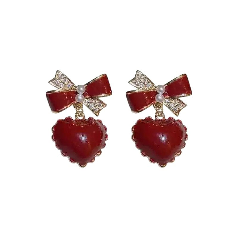 Bow Love Heart Special Interest Light Luxury Temperament Peach Stud Earrings