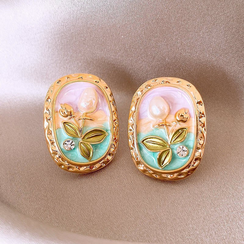 Jardin Monet Blue Glaze Flowers Pipa Pearl Chinese Retro Light Stud Earrings