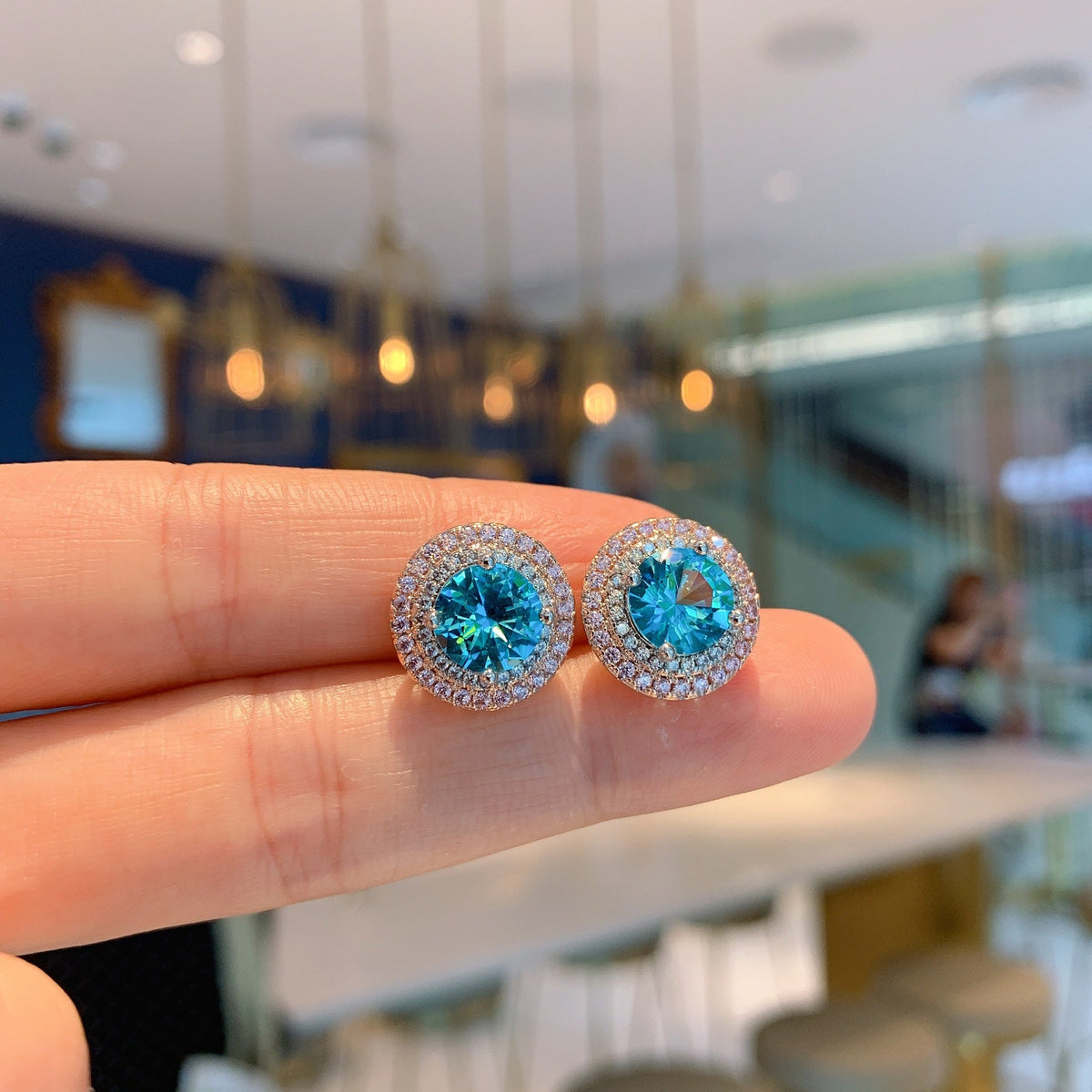 Women's Round Simulation Ocean Blue Rhinestone Simple Female Jewelry Set