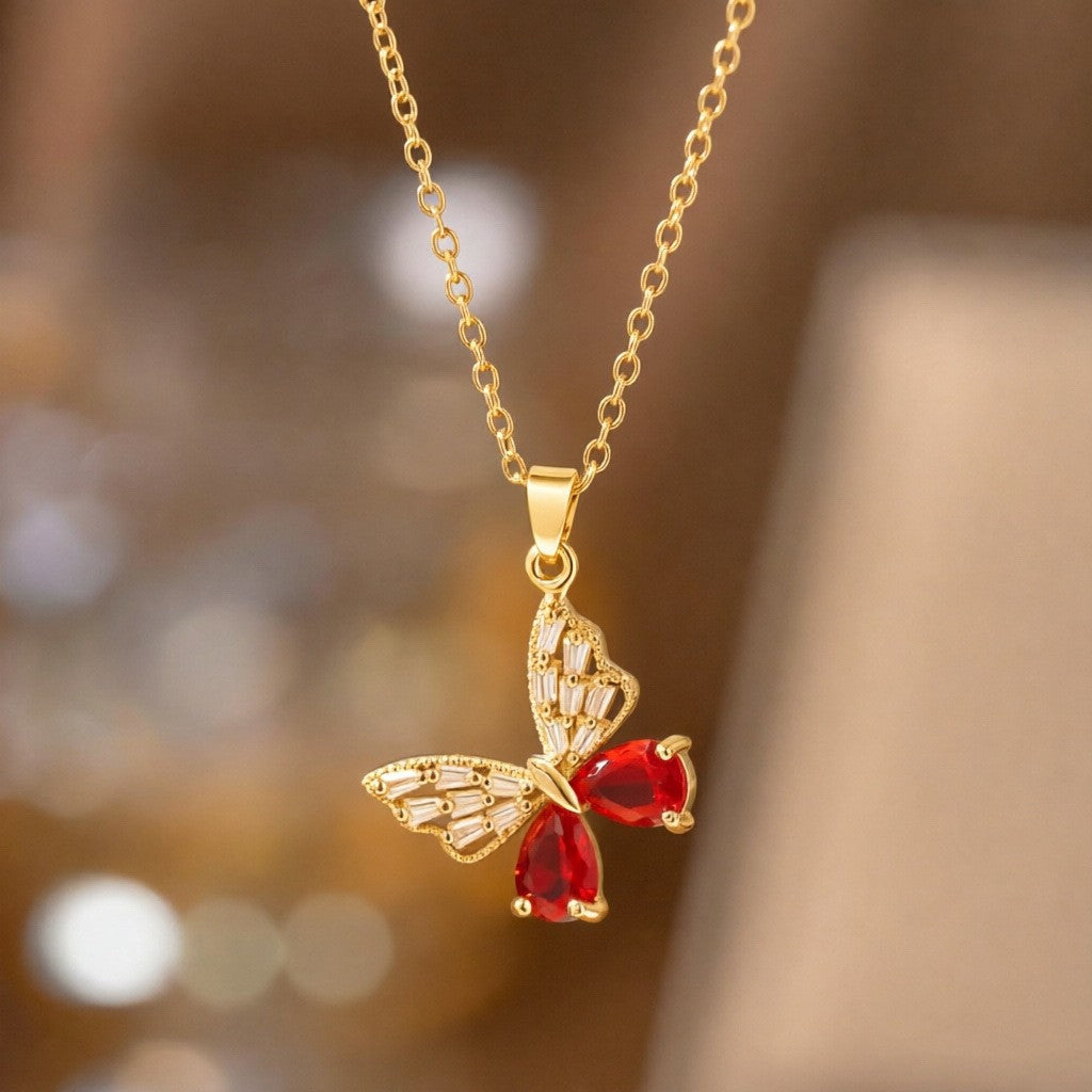 Steel Female Micro Inlaid Pink Diamond Necklace