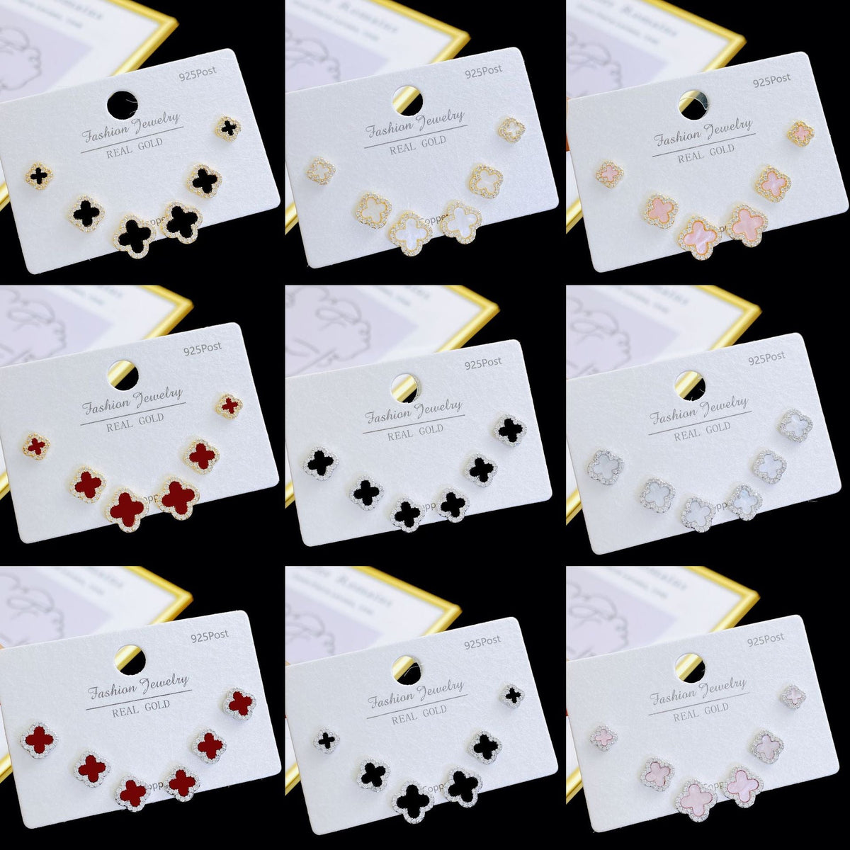 Exquisite Fashion Zircon Four-leaf Flower One Card Three Pairs Stud Earrings