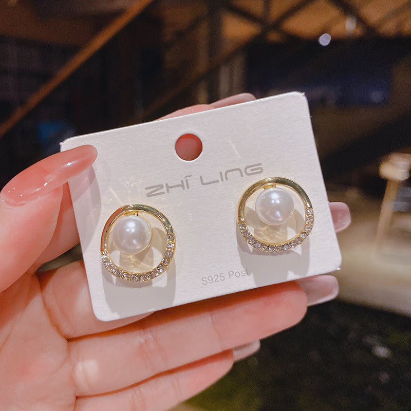 Zircon Circle Mermaid Pearl Sier Elegant High-grade Earrings