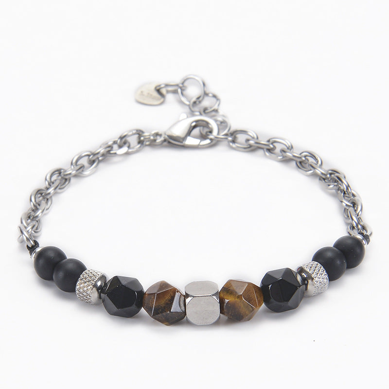 Men's Frosted Stone Cut Natural Beaded Stainless Steel Bracelet