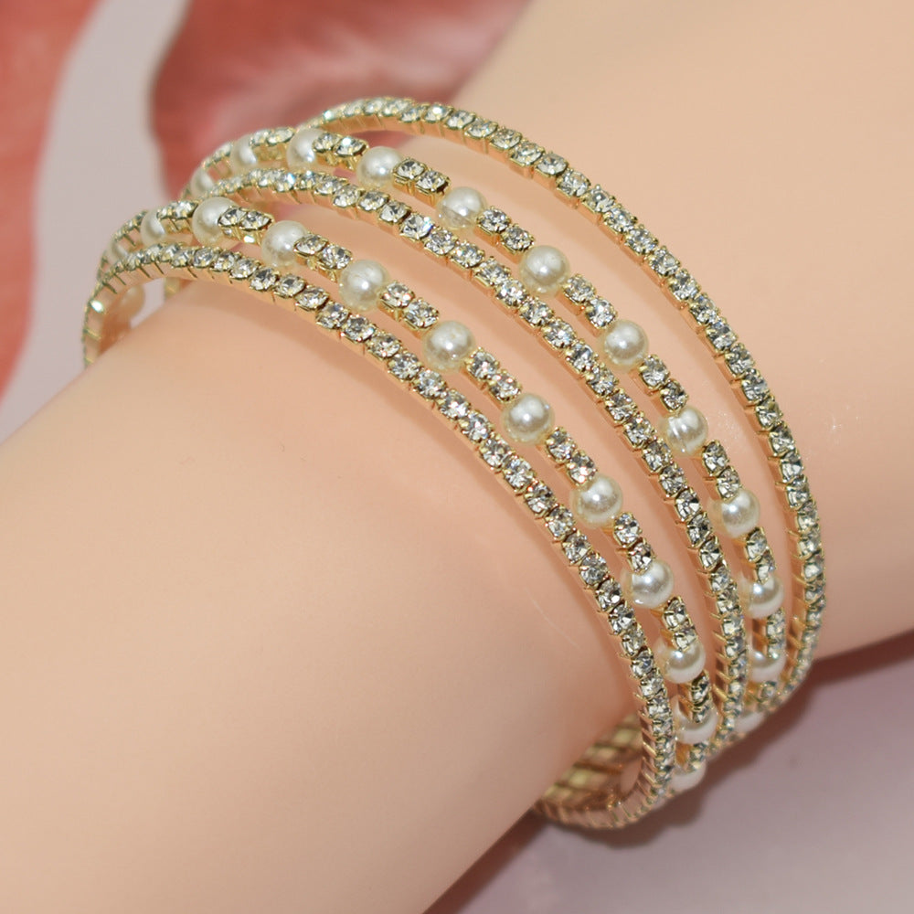 Popular Elegant Rhinestone Pearl Opening Sier-plated Bracelet