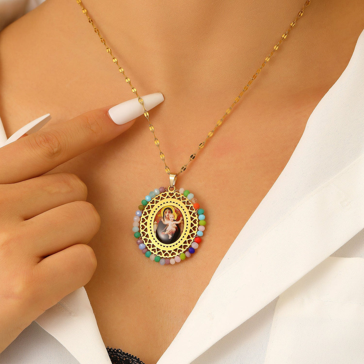 Stainless Steel Color Crystal Virgin Portrait Hollow Oval Necklaces