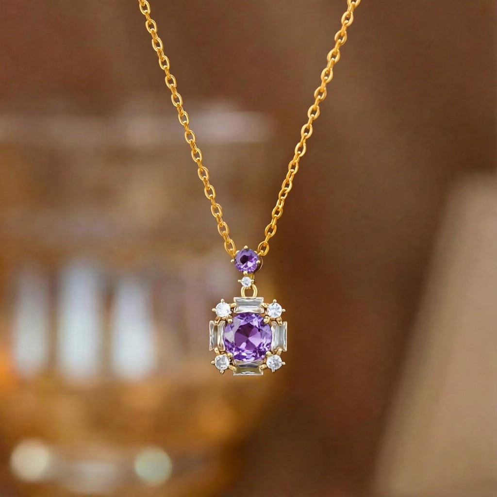 Steel Female Micro Inlaid Pink Diamond Necklace