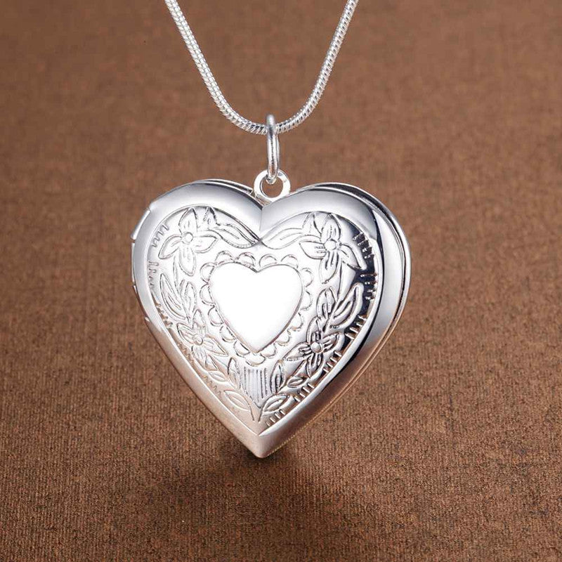 Sier Plated Heart Frame Snake Chain Necklace