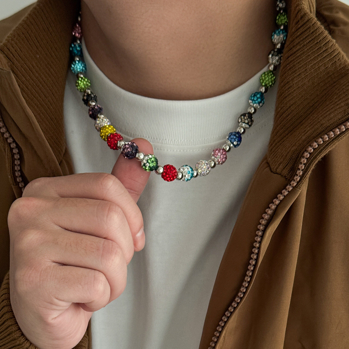 Men's Color Rhinestone Ball Trendy Hip Hop Niche Necklace