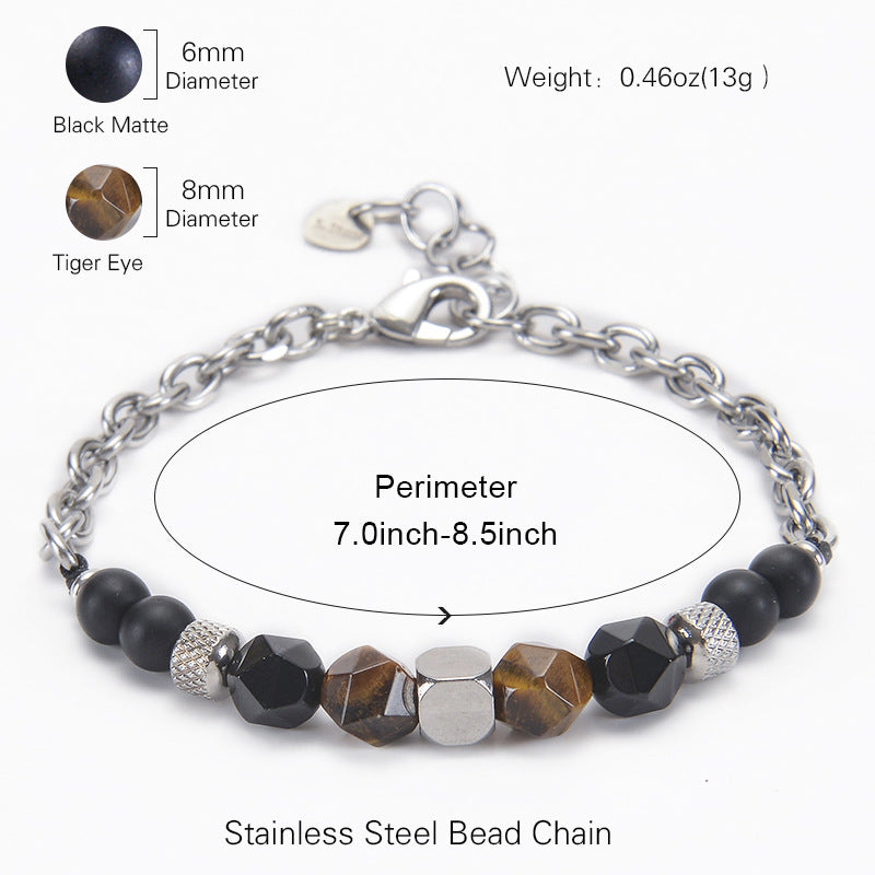 Men's Frosted Stone Cut Natural Beaded Stainless Steel Bracelet
