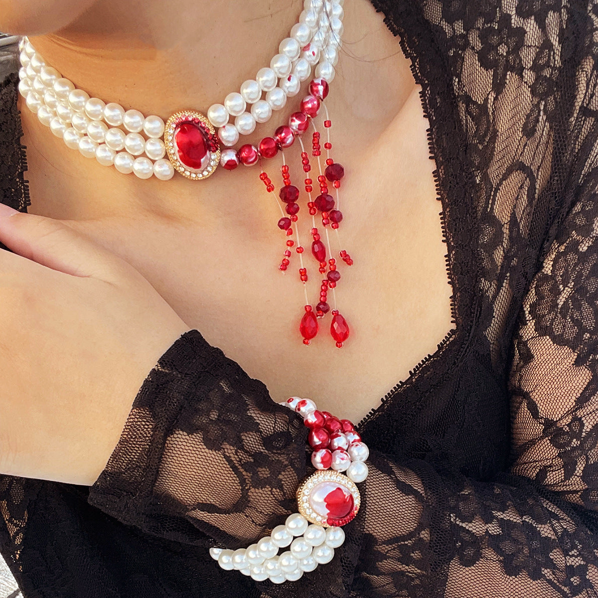 Halloween Imitation Pearl Collar Vintage Gothic Style Blood Drop Necklaces